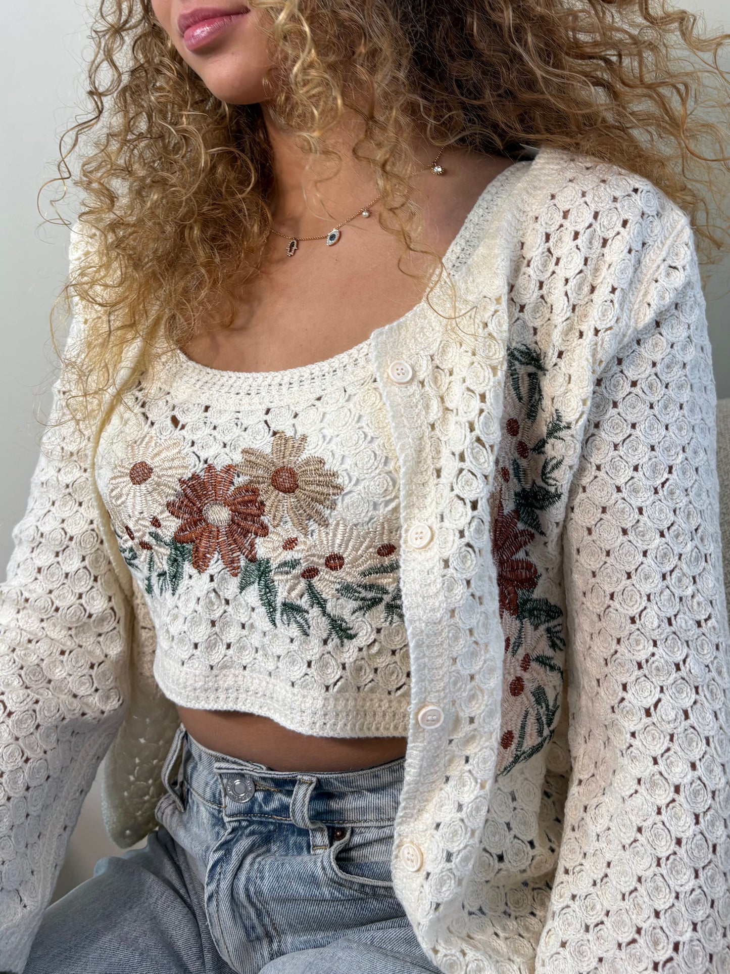 Ensemble Crochet Écru Brodé