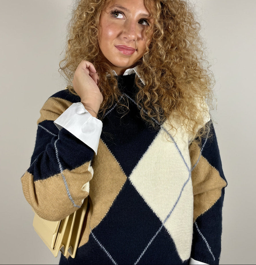 Pull Arlo – Jacquard Argyle Bleu et Moutarde